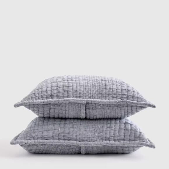 Quince Organic Cotton Channel Stitch Sham Set Blue Standard Pillowcases - Picture 1 of 3